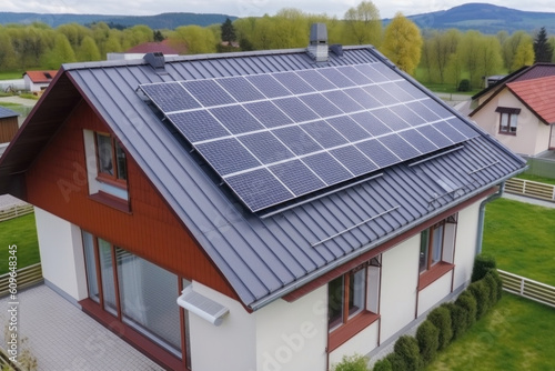 Wallpaper Mural Aerial view of a private house with solar panels on the roof, alternative energy. AI generative Torontodigital.ca