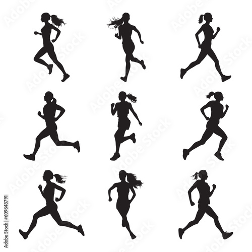 Running women, vector set of isolated silhouettes