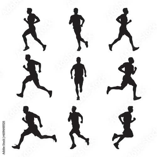 Running men, vector set of isolated silhouettes