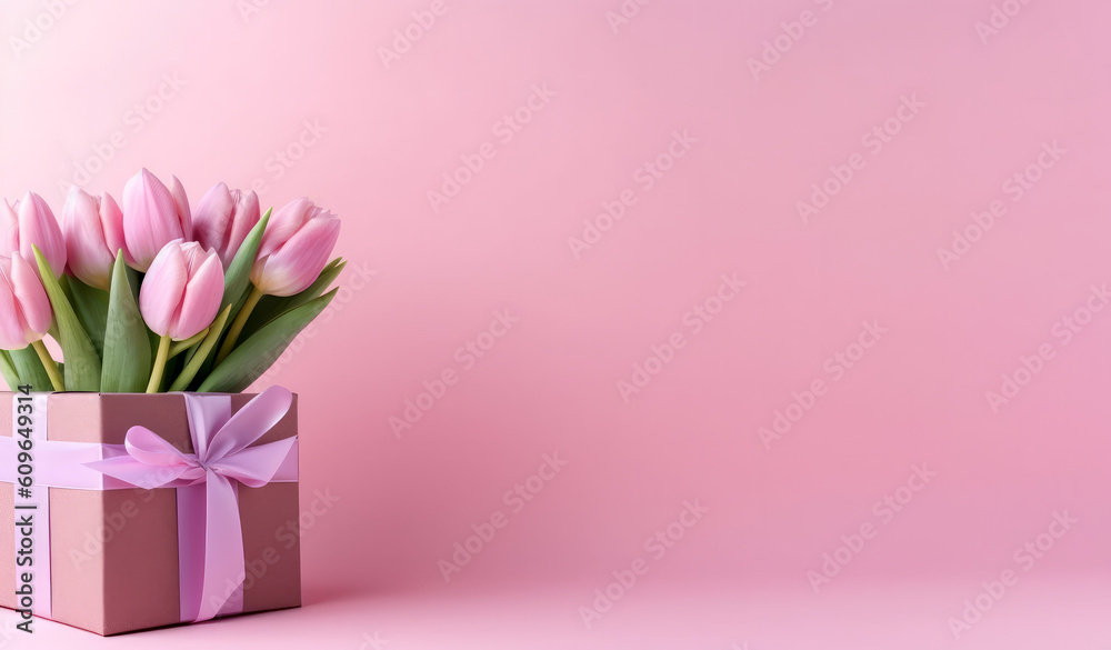 Bouquet of pink tulips and brown gift box on pink background.