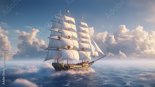 Large sailboat sailing in the sea of clouds dreamy background. Generative Ai