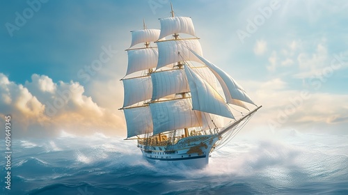 Large sailboat sailing in the sea of clouds dreamy background. Generative Ai