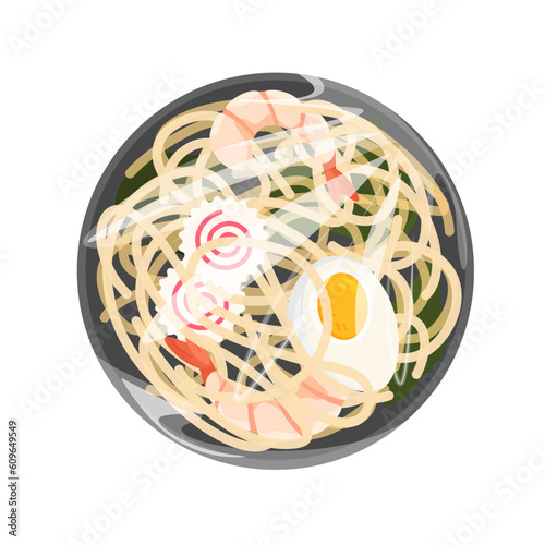 Oriental noodle with prawns in a plastic container with cellophane cover. Traditional asian ramen soup. Korean and Japanese food mockup. Top view.