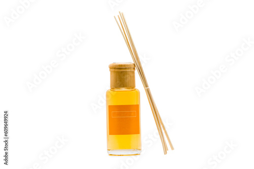 Aroma oil and sticks on a white background