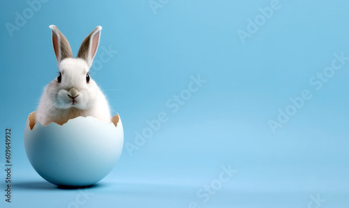 Easter celebration with rabbit in a white egg cracked on blue background