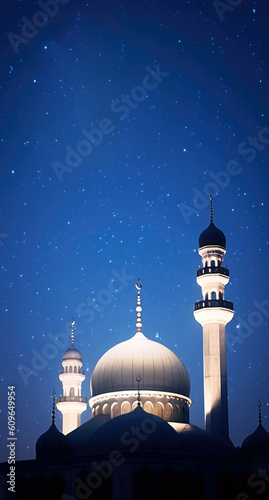 Mosque at night with starry sky, portrait Ramadan Kareem background.