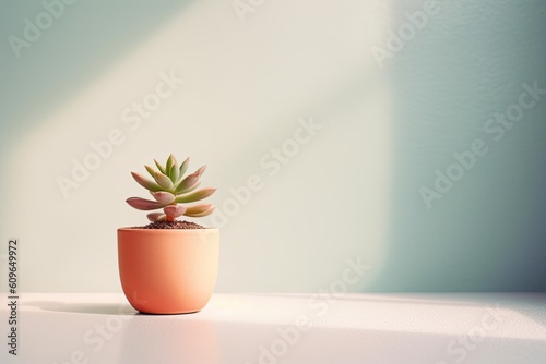 0543. Succulent in front of light pastel wall. Generative AI