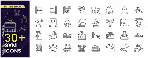 Gym, Fitness, healthy lifestyle, training, workout, biceps, running, diet, body building, yoga and equipment and health care stroke line icon set. Editable vector stroke icon collection