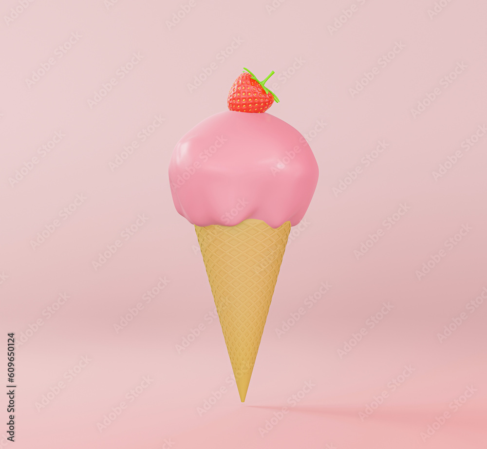 3d render of pink ice cream with red strawberry and golden waffle cone on light pink studio background. 3d Illustration of a strawberry flavour ice cream cone.