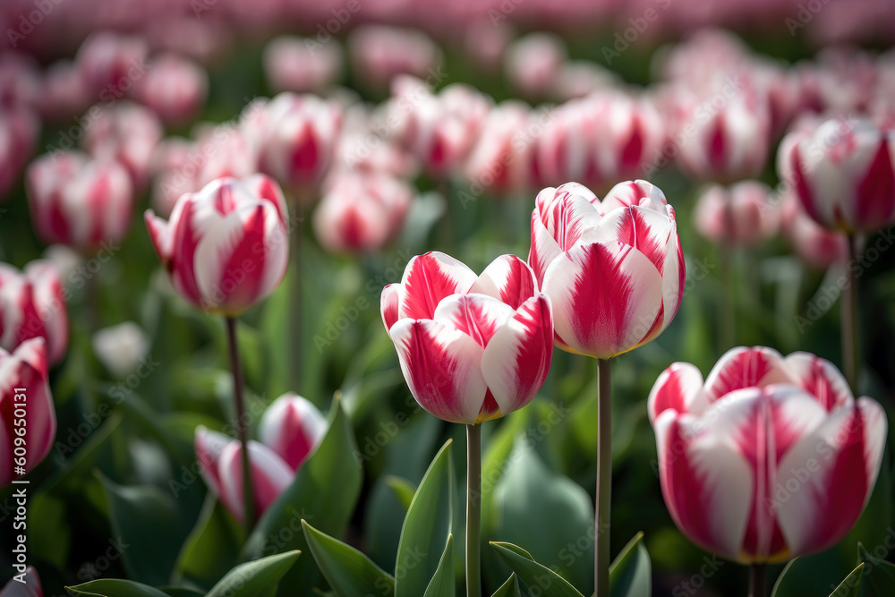 Pink and white tulips blooming in the field. Spring flowers. Pink and white tulips blooming in the field. Spring flowers.