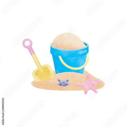 Sand bucket and shovel toy watercolor cartoon on white background vector illustration