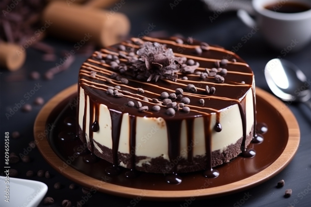 sweet cake topped with chocolate sauce and chocolate bars