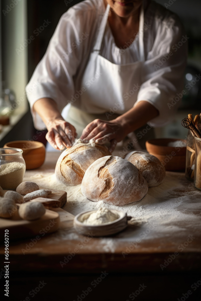 Male hands kneading dough on sprinkled with flour table, closeup. Ai generative