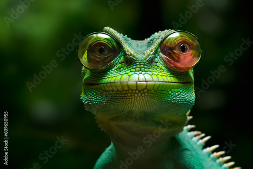 wildlife animal iguana reptile close-up portrait glasses scale lizard green. Generative AI.