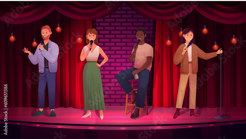 Standup, comedy show with four comedians with mic on stage vector illustration. Cartoon male female speaker characters sitting and standing, comic man and woman with microphone joking in night club
