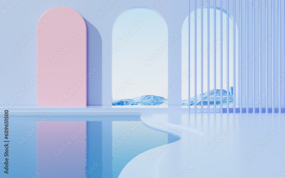 Geometric architecture and water surface background, 3d rendering. Geometric architecture and water surface background, 3d rendering.