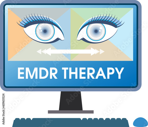 Eye Movement Desensitization Reprocessing (EMDR) therapy concept on a computer screen. A psychotherapy treatment for people who had traumatic experiences. photo