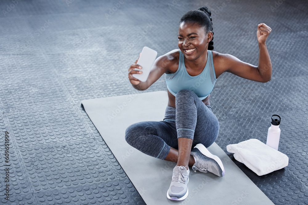 Gym, flexing or happy black woman taking selfie on workout, exercise or  training break on social media. Wellness, smile or healthy African girl  relaxing or taking pictures for online fitness content Stock