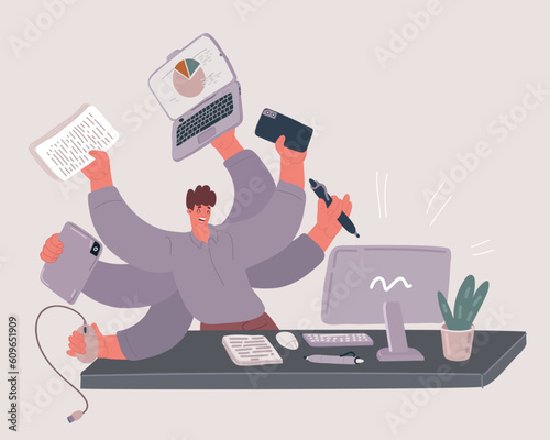Vector illustration of man in office. Successful and busy multitasking businessman. Workaholic