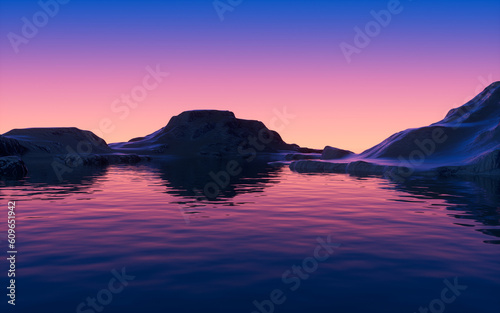 Water surface and mountains at dusk, 3d rendering.