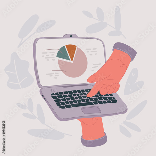 Vector illustration of hand hold laptop. holding a computer by hand and push key on keyboard with finger