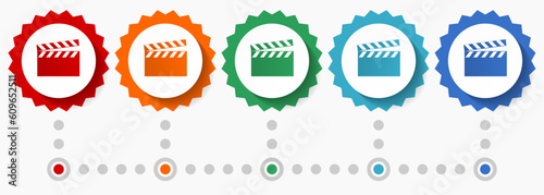 Video, cinema vector icon set, colorful infographic template, set of flat design badge icons in 5 color options