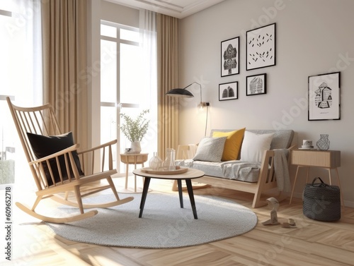 Comfortable living room with rocking chair. Generative AI