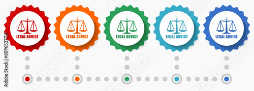 Legal advice vector icon set, colorful infographic template, set of flat design badge icons in 5 color options