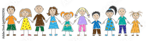 Group of happy kids hand drawn style. Color painted preschool children holding hands. Vector illustration