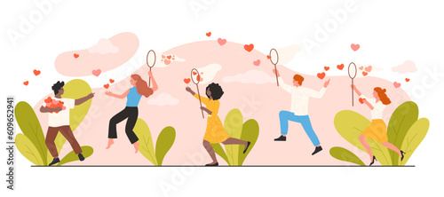 People catch flying red hearts with net vector illustration. Cartoon female and male characters look for love, man and woman run and attract reactions of friends, collect likes in social media