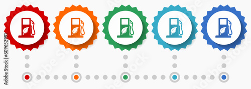 Biofuel, ethanol vector icon set, colorful infographic template, set of flat design badge icons in 5 color options