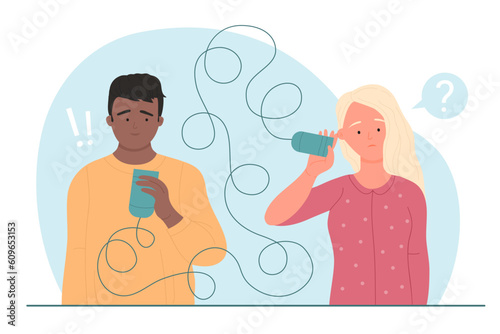 Poor communication and relationship problems in couple vector illustration. Cartoon man and woman holding tin can telephone with tangled string to talk, confused girl not understanding guys speech