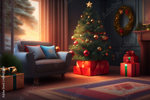 ai generator, artificial intelligence, neural network image. Merry Christmas and Happy New Year. cozy interior, festive fir tree with gifts.
