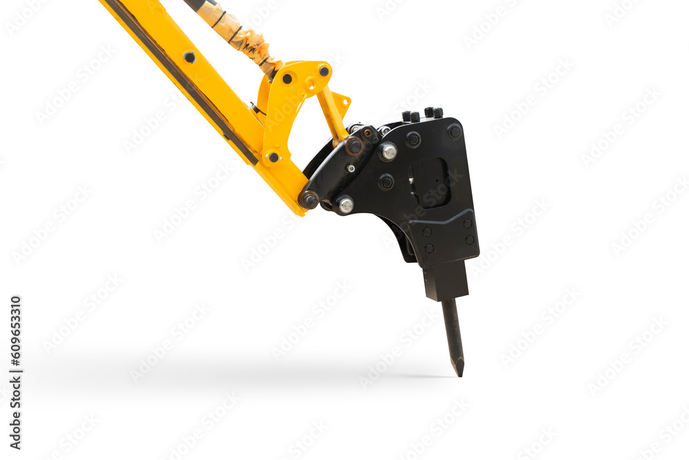 Hydraulic hammer isolated on white background. Isolation of destruction of concrete and hard rock. Hydraulic breaker excavator attachments. Rock breaker Machine
