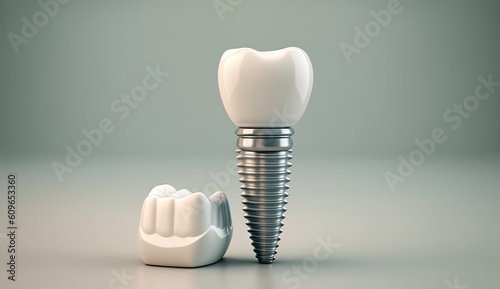 The dental implant and crown model on light background. Generative AI