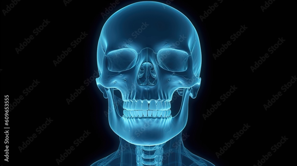 X-ray of human skull of a male, blue tone radiograph on a black background, Ai Generative X-ray of human skull of a male, blue tone radiograph on a black background, Ai Generative