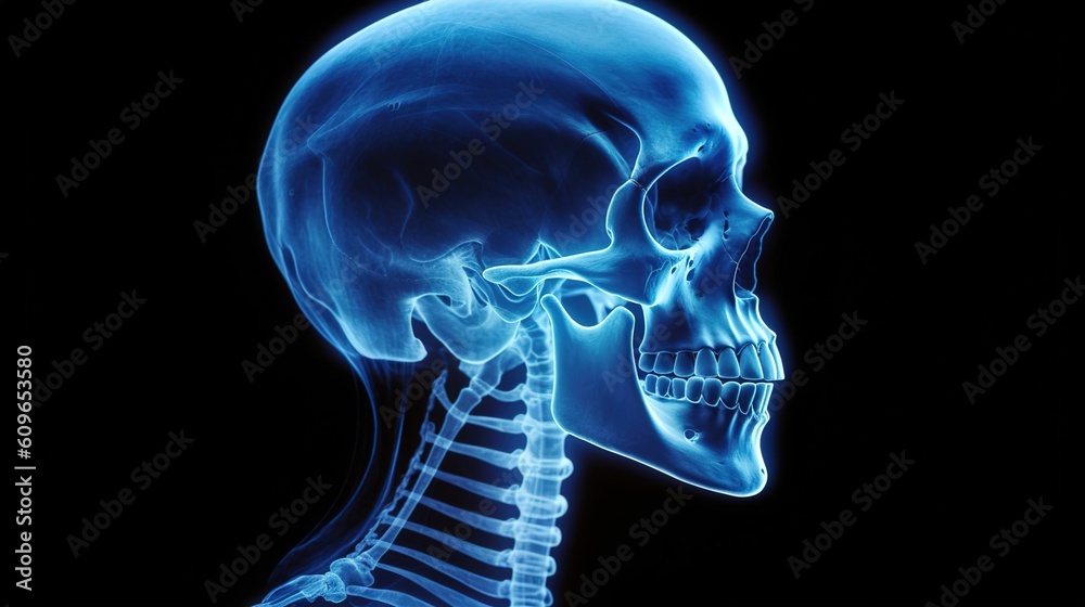X-ray of human skull of a male, blue tone radiograph on a black ...