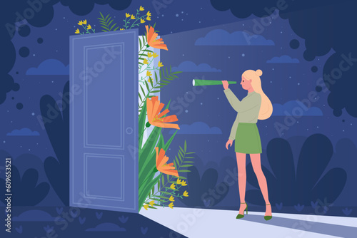 Look into unknown future ahead and vision of success way, curiosity concept vector illustration. Cartoon woman looking through telescope at open door with beautiful flowers inside and beam of light