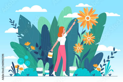 Optimistic positive mindset and good mood  psychology concept vector illustration. Cartoon happy girl holding paintbrush to paint beautiful flowers  color world  enjoy and change life with optimism