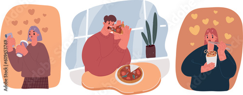 Vector illustration of Wide set of people eating different foods. People eating. Man eating pizza, woman eating noodle box, girl sipping beverige