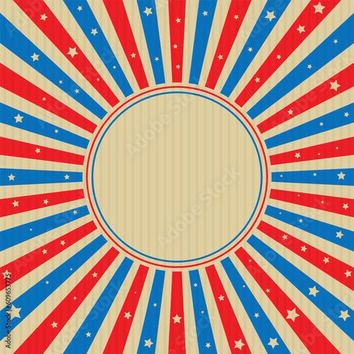Vintage american usa flag in red and blue sunburst background with stars and colored circle