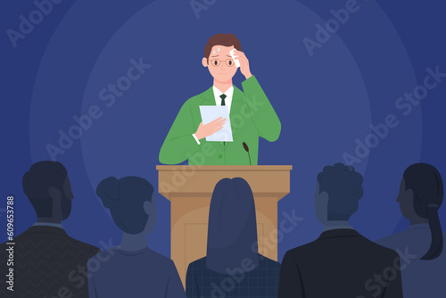 Fear of public speaking, glossophobia vector illustration. Cartoon nervous male speaker character standing at podium with microphones in front of audience, fright and anxiety of shy person on stage photo