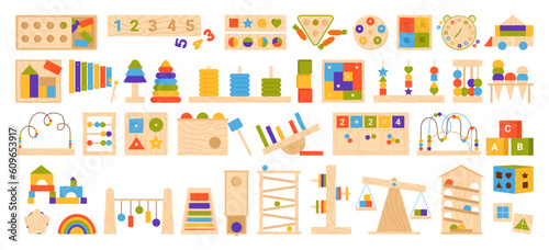 Education logic wooden toys for Montessori games set vector illustration. Cartoon isolated kindergarten wood equipment collection with rainbow puzzles, blocks of different shape for preschool toddlers