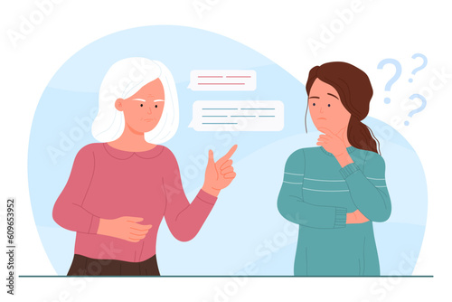Communication problem of young vs old generation of people vector illustration. Cartoon young confused daughter misunderstanding mother and grandmother, misunderstanding and toxic relationship