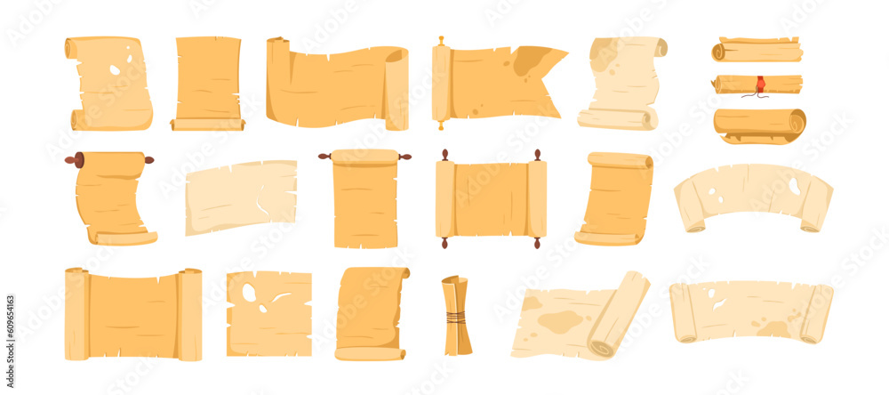 Parchment scrolls set vector illustration. Cartoon isolated old papyrus rolls collection with ancient paper sheet for treasure map, vintage document, letter with torn texture and rolled diploma - obrazy, fototapety, plakaty 