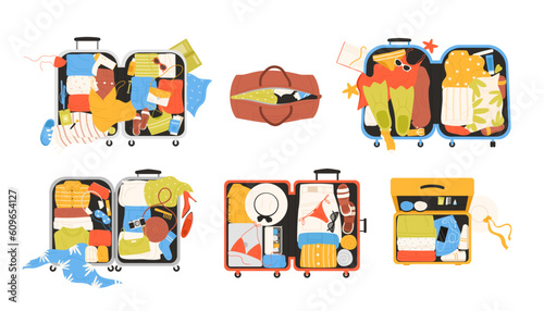 Open suitcases and bags set vector illustration. Cartoon isolated hand baggage of tourists collection with top view of luggage, folded and messy clothes, scattered things and beach accessories