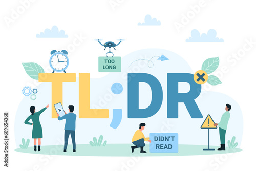 TLDR abbreviation, too long didnt read, marketing message and acronym vector illustration. Cartoon tiny people standing and pointing at TLDR letters and definition, internet communication slang