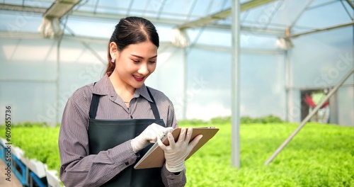 Young Asian woman farmer or owner of organic vegetable farm holding tablet for checking quality of organic lettuce. Business agriculture technology concept