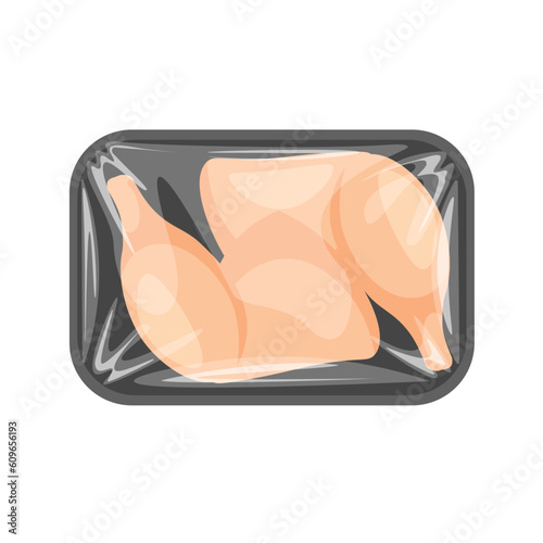 Frozen or fresh chicken meat in polyethylene package tray. Plastic pack supermarket container with turkey wings. Vector illustration.