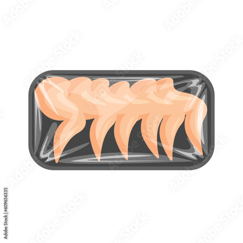 Frozen or fresh chicken meat in polyethylene package tray. Plastic pack supermarket container with turkey breast, legs. Vector illustration.